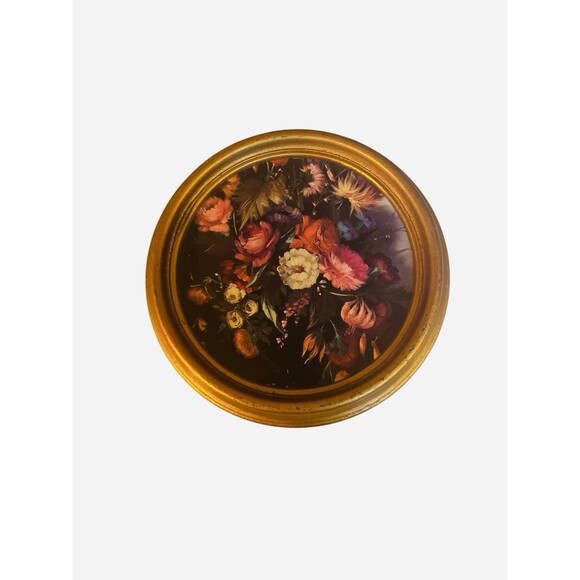 Vintage Florentine Mini Floral Round Gold Framed Wall Hanging Made In Italy 7” - Picture 2 of 6